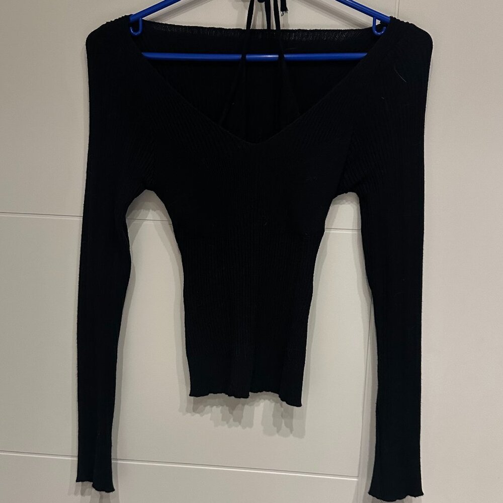 Double-Layer Black Halter Long Sleeve Top
